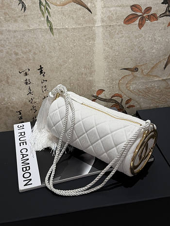 Chanel White Velvet Quilted Round Logo Tassel Bucket Bag
