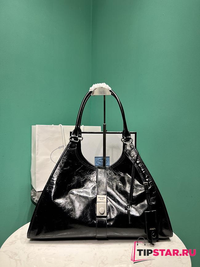 Prada Glossy Calfskin Large Tote Bag Black - 1