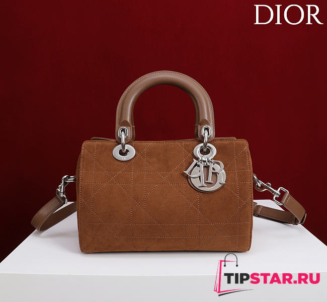 Dior Small D Granville Flat Macrocannage Silver Hardware In Suede Brown - 1