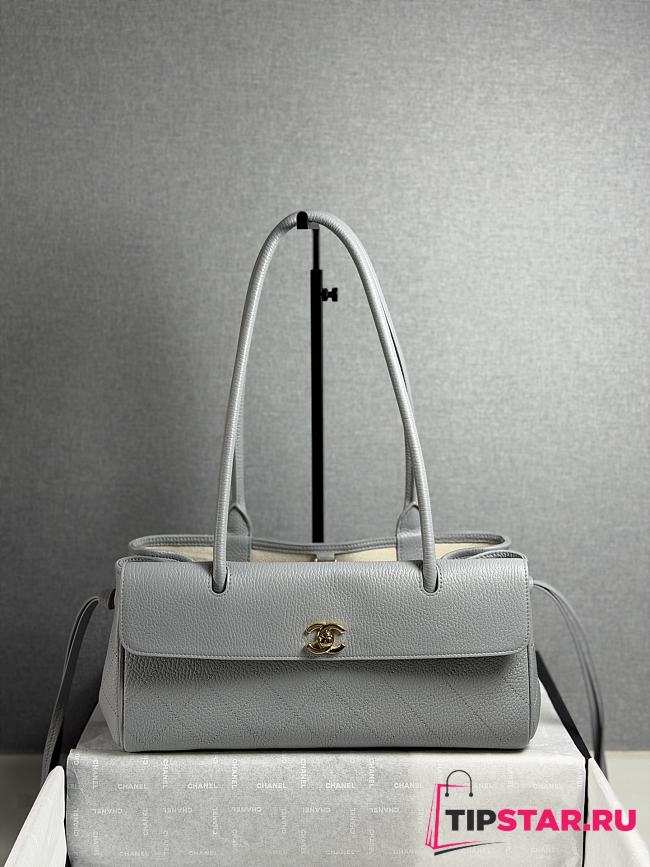 Chanel Shopping Tote Black Grained Calfskin In Light Blue - 1