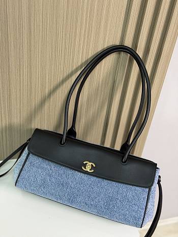 Chanel Shopping Tote Black Grained Calfskin and Blue Denim